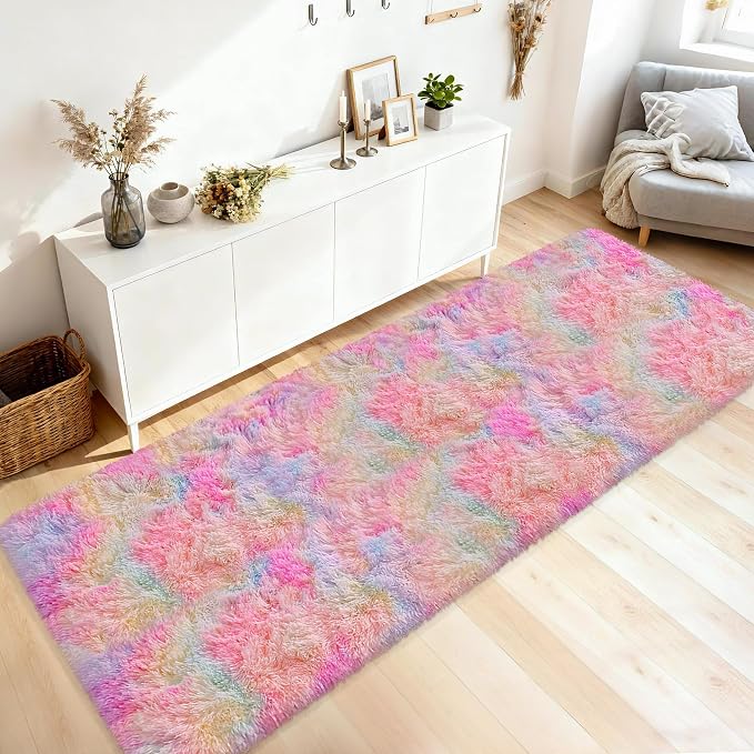 2x10 Feet Tie-Dye Rainbow Unicorn Rug for Girls Bedroom, Soft Fluffy Long Runner Rug for Bedroom, Non-Slip Colorful Carpet Runner for Hallway, Living Room, Kids Room, Dorm, Kawaii Home Decor
