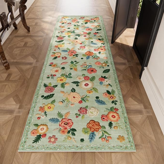Machine Washable Rug Runners for Hallways: 2x10 Kitchen Rugs Non Slip Low Pile Soft Faux Wool Non Shedding Lightweight Vintage Floral Long Carpet Runner for Entryway Bedroom Laundry Farmhouse