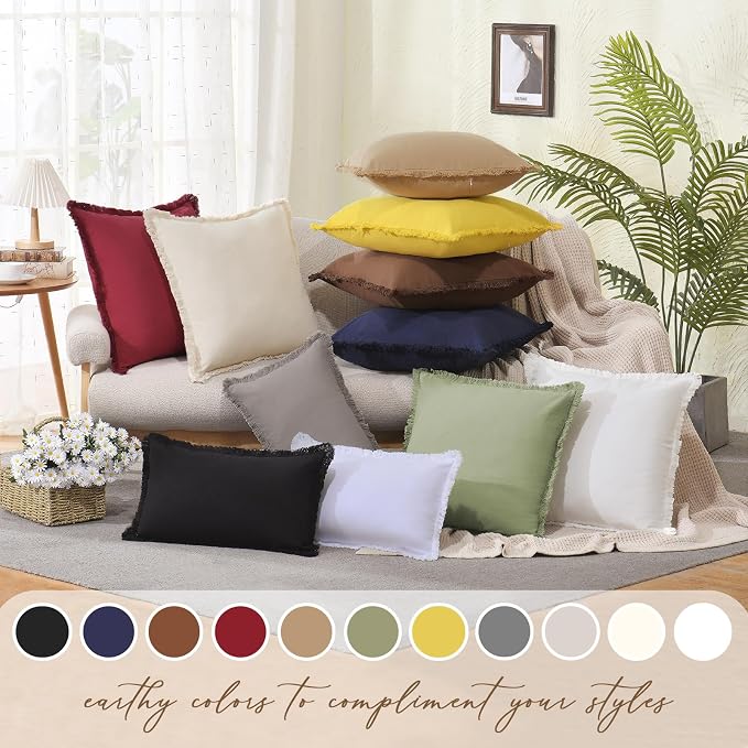ZWJD Pillow Covers 20x20 Set of 2 Beige Throw Pillow Covers with Fringe Chic Cotton Decorative Pillows Square Cushion Covers for Sofa Couch Bed Living Room Farmhouse Boho Decor