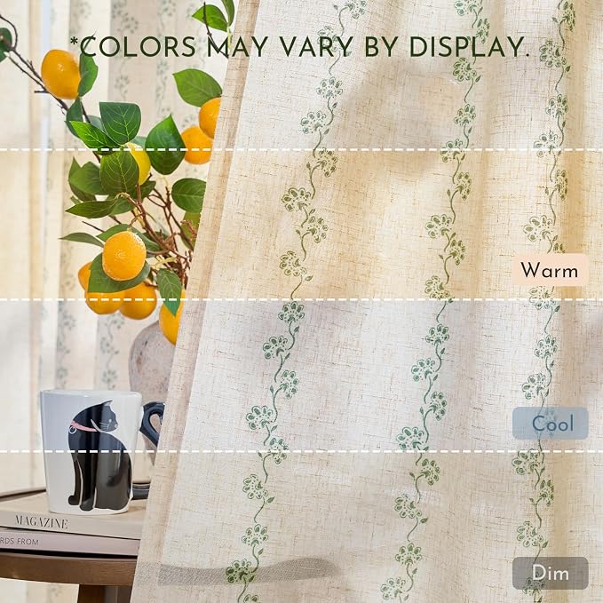 Lazzzy Cathy Linen Floral Curtains for Living Room Privacy Curtains Set of 2 for Bedroom Rod Pocket Back Tab Light Filtering Drapes 8 FT Farmhouse Cottagecore Decor 50"x96" Sage Green on Linen