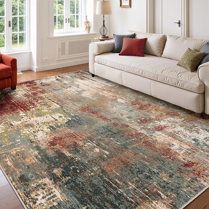 RELEANY Washable Area Rugs 5'x8' Non-Slip Modern Abstract Soft for Living Room Entryway Bedroom Kitchen, Print Pattern, Brown Rust Red Green Blue Multi