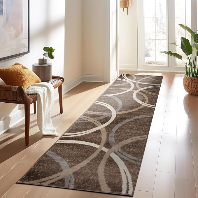 Rugshop Wavy Circles Modern Jute Backing Runner Rug Brown 2' x 7'2"