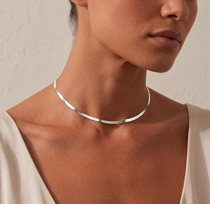 WomenGifts 14K Gold Silver Plated Herringbone Necklace for Women, Dainty Snake Chain Choker, Trendy Simple Long Layered Jewelry Non Tarnish, 3/4/5/8mm,14,16,18,20,22,24,26 Inch Thin & Chunky Options