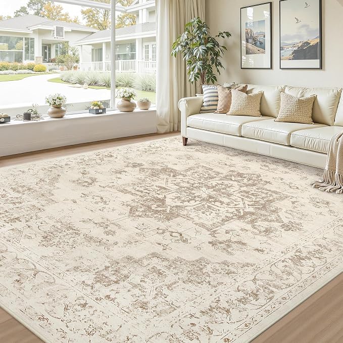 10x14 Area Rug for Living Room: Vintage Boho Neutral Washable Rug Indoor Soft Large Area Rug Carpet for Bedroom Nursery Farmhouse Dining Room Office Floor Non-Slip Low Pile Under Table Rug Beige/Ivory