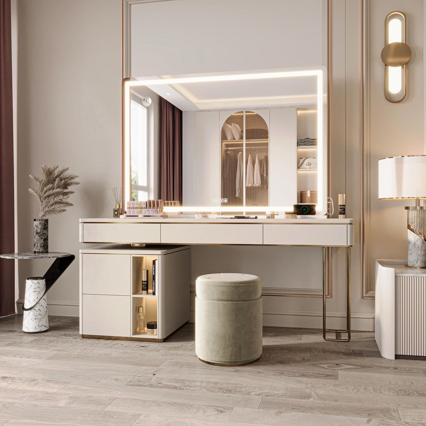 Hasipu Vanity Mirror with Lights and Bluetooth Speaker, 50.2" x 33.9" LED Makeup Mirror, Lighted Makeup Mirror with Dimmable 3 Modes, Touch Screen Control Vanity Mirror Round White