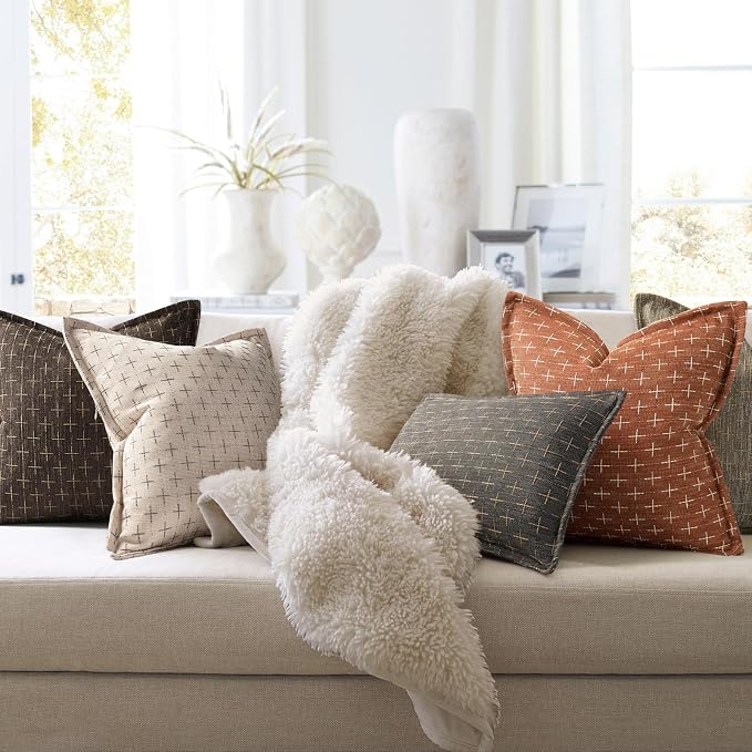 ZWJD Fall Pillow Covers 24x24 Set of 2 Soft Polyester Textured Rust Pillow Covers with Stylish Flange Edge Cozy Farmhouse Throw Pillows for Couch Bed Sofa Living Room Fall Decor