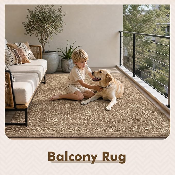 MontVoo-Outdoor Rug-Patio Rug 6x9 ft Polypropylene Indoor Outdoor Rugs Carpet for Patio Deck Balcony Porch, Textured Weave, Durable for High Traffic, Fade-Resistant, Vintage Medallion Neutral Brown