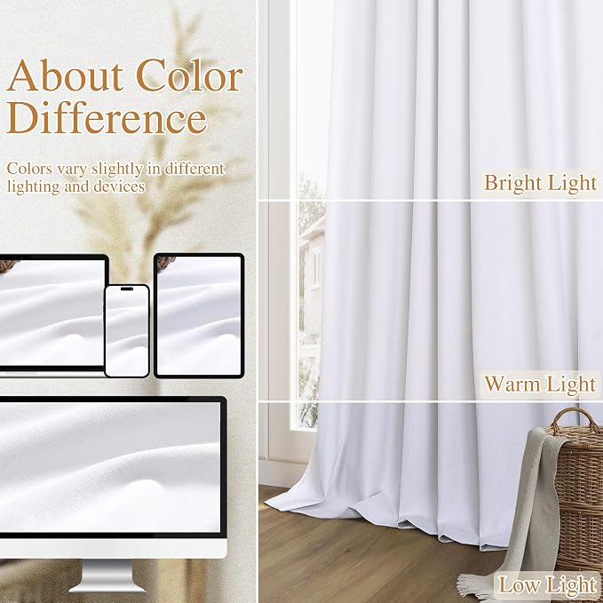 Guken White 100% Blackout Linen Curtains 40 Inch Wide by 45 Inch 2 Panels Set for Living Room Bedroom Back Tab Thermal Insulated Black Out Linen Drapes