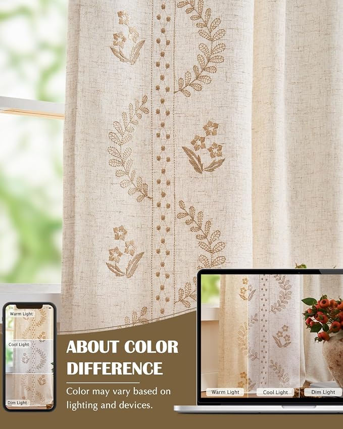 jinchan Floral Lined Linen Curtains 63 Inch Rod Pocket 2 Panels Beige | Embroidered curtains,privacy lining,boho curtains,light filtering,living room,bedroom,flower patterned,window treatment
