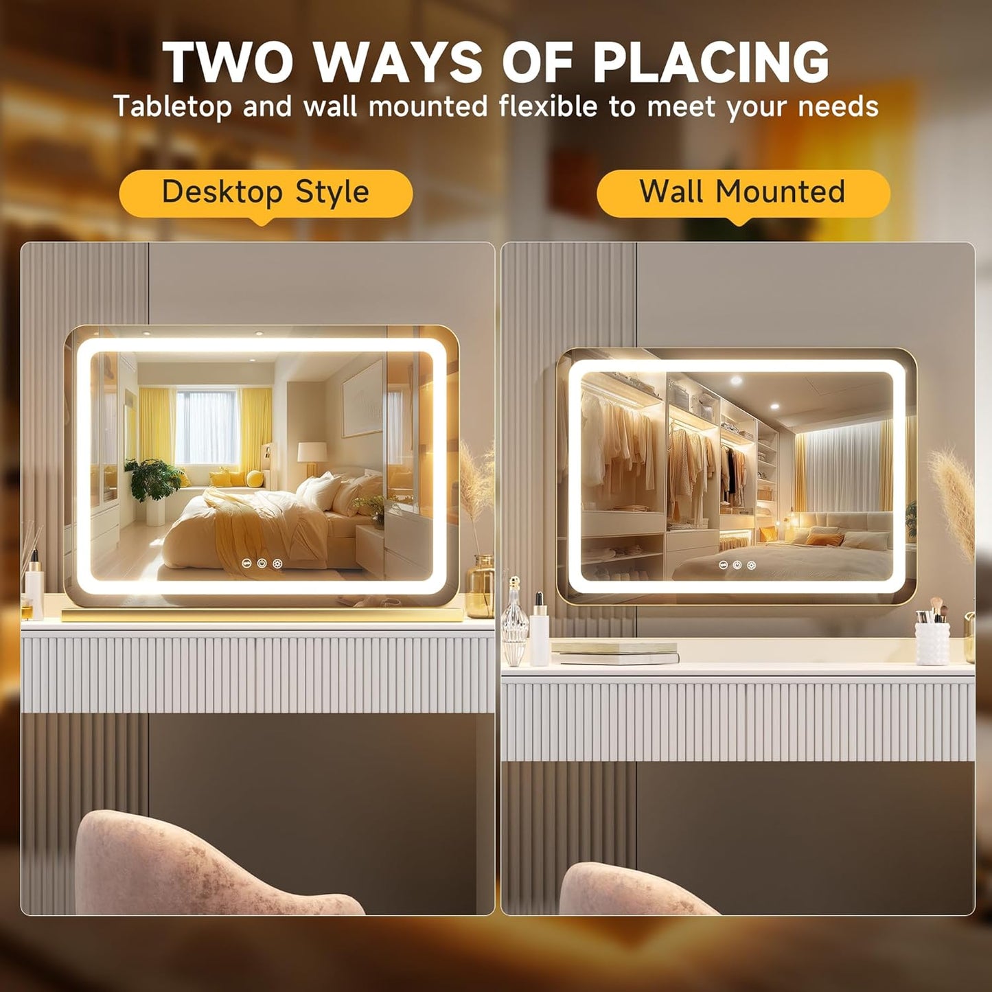 Hasipu Vanity Mirror with Lights, 39.4" x 30" LED Makeup Mirror, Lighted Makeup Mirror with Dimmable 3 Modes, Touch Screen Control Vanity Mirror Round Gold