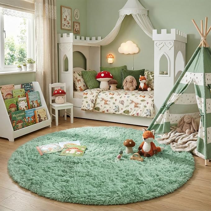 Amdrebio Sage Green Round Rug 4Ft for Bedroom Aesthetic, Fluffy Furry Circle Rugs for Nursery, Classroom, Teen Boys, Baby Kids Room Decor, Cute Shaggy Area Rug for Dorm, Fuzzy Plush Light Mint Carpet