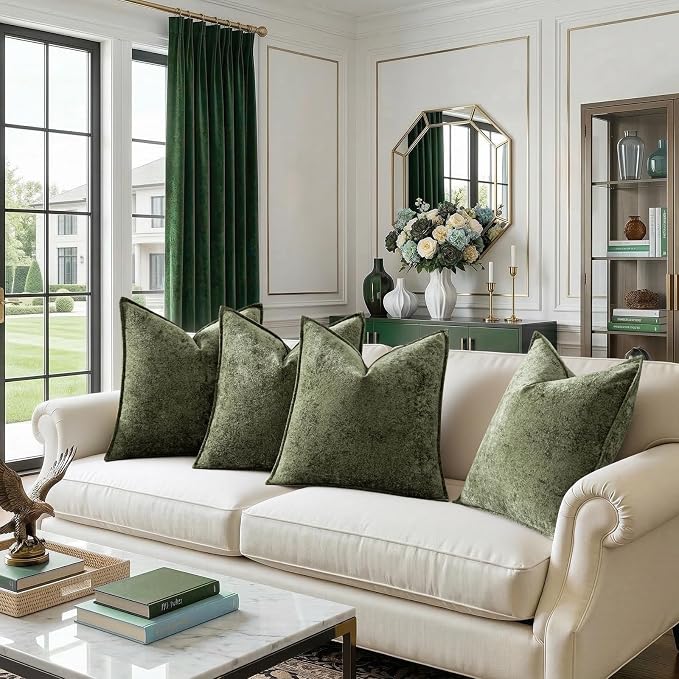 a moment Throw Pillow Covers 22X22 Inch 4 Packs,Soft Velvet Decorative Pillow Cases with 3D Ice Flower,Texture Modern Accent Cushion Covers for Sofa Couch Home Decor Moss Green