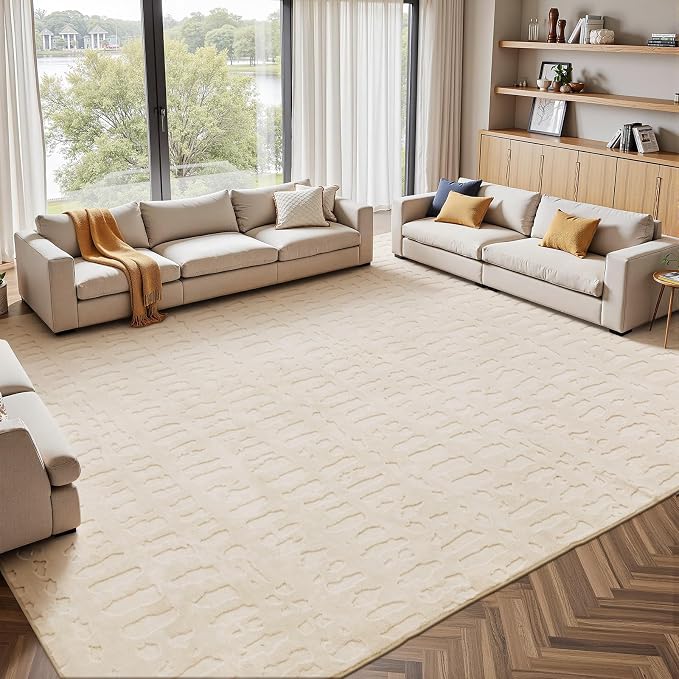 Yamaziot 9x12 Washable Area Rug, High-Low Grid Textured Living Room Rugs, Soft Fluffy Non-Slip Mats Stain Resistant Contemporary Boho Carpet for Dining Room, Kids Nursery Room, Bedroom, Office