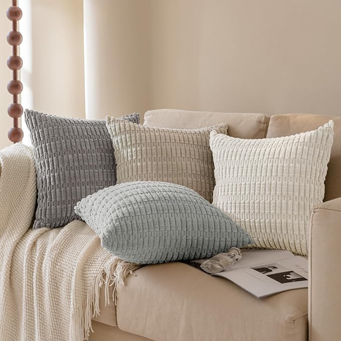 Softalker Corduroy Throw Pillow Covers 22x22 Set of 2, Soft Plush Decorative Square Cushion Cases for Living Room Couch Sofa, Modern Farmhouse Boho Home Decor, Grey