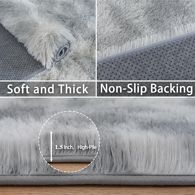 Dssimo 9x12 Area Rugs for Living Room, Gray Tie-Dyed Plush Fluffy Carpet | Upgrade Non-Slip Thick Large Gray Shag Rugs for Bedroom Nursery Kids Room Dorm Room Home Decor, Indoor Plush Floor Carpet