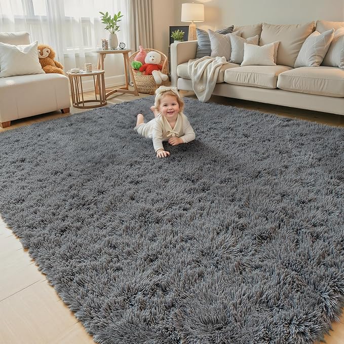 Fluffy Rug Shag Area Rug,Dark Grey 3x5 Area Rugs for Bedroom | Non-Slip Small Soft Bedside Rug for Entryway,Living Room and Home Office