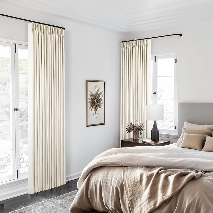 Cream Beige Pleated 100% Blackout Linen Curtains 108 Inches Long Set of 2 | Black Out Noise Reducing, for Living Room Bedroom Patio Sliding Door, Memory Shape Trained, Pinch Pleat Rings Hooks Back Tab