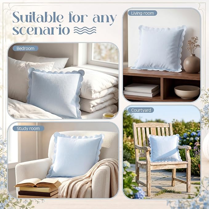 4 Pcs Blue Scalloped Pillow Covers 18x18 Inch Scallop Grandmillennial Decorative Couch Throw Pillows Granny Chic Pillowcases for Farmhouse Sofa, Couch, Outdoor Patio Decor