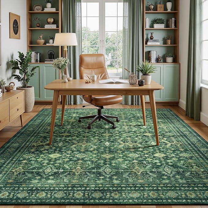 Lessymo 6x9 Washable Area Rug with Non Slip Backing,Soft Boho Indoor Carpets for Living Room Bedroom Nursery, Kid and Pet Friendly, Green