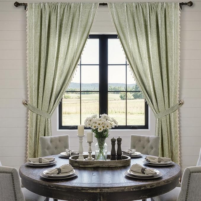ColorBird Sage Green Boho Linen-Textured Floor to Ceiling Curtains for Living Room Sliding Door Light Filtering Farmhouse Whimsical Embroidered Striped Drapes 96 Inches for Nursery Bedroom
