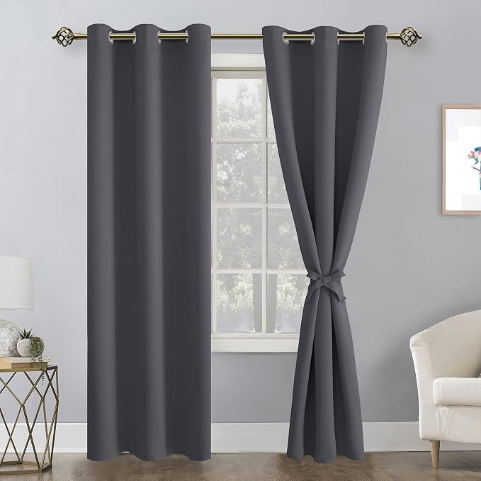 Hiasan Grommet Blackout Curtains for Bedroom, 38 x 84 Inches Long - Thermal Insulated & Light Blocking Window Curtains for Living Room, 2 Drape Panels Sewn with Tiebacks, Dark Grey