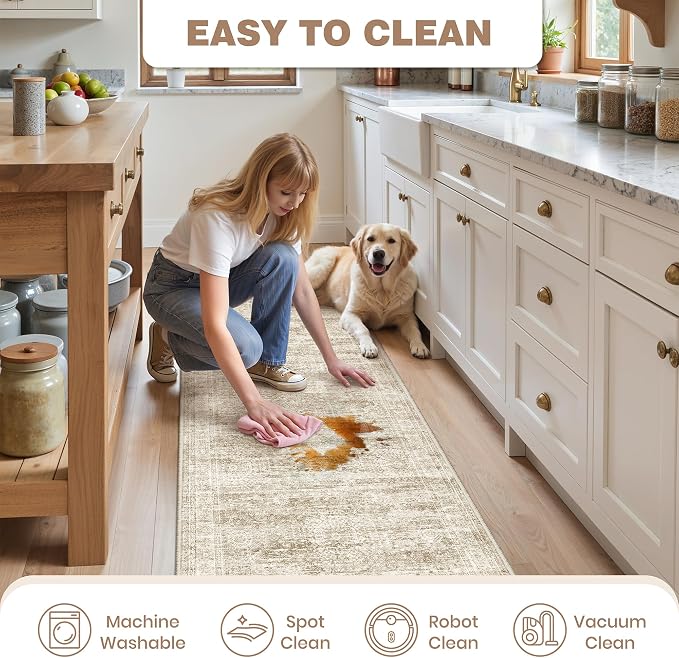 Kitchen Rugs Sets of 2, 2x3 2x4 Rug Runner,Brown | 2 Piece Washable Rug for Hallway,Entryway,Bedroom,Dining Room,Thin,Soft Runner Rug,Stain Resistant Indoor Carpet,Non Slip