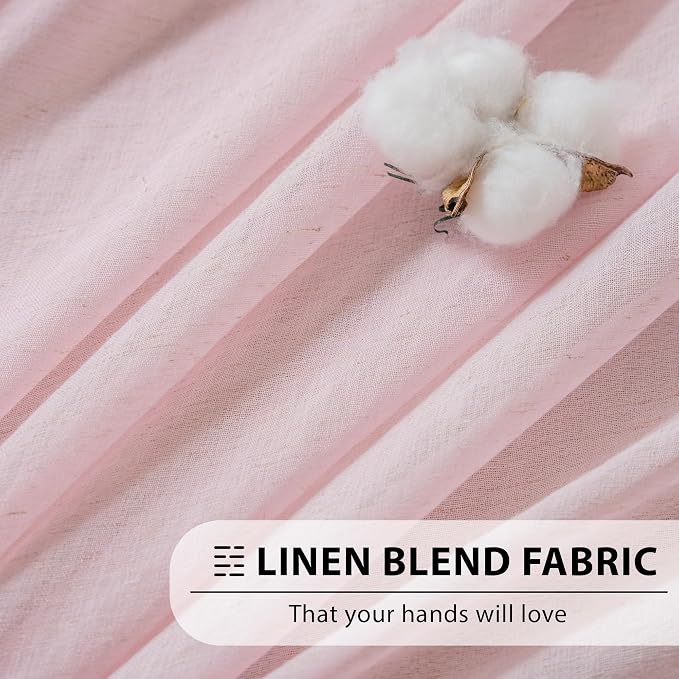 FMFUNCTEX Pink Flax Linen Sheer Curtains 96 Inch Long Rod Pocket 2 Panels | Semi Sheer Window Drapes Pink for Bedroom and Living Room, Farmhouse French Window Curtain Privacy