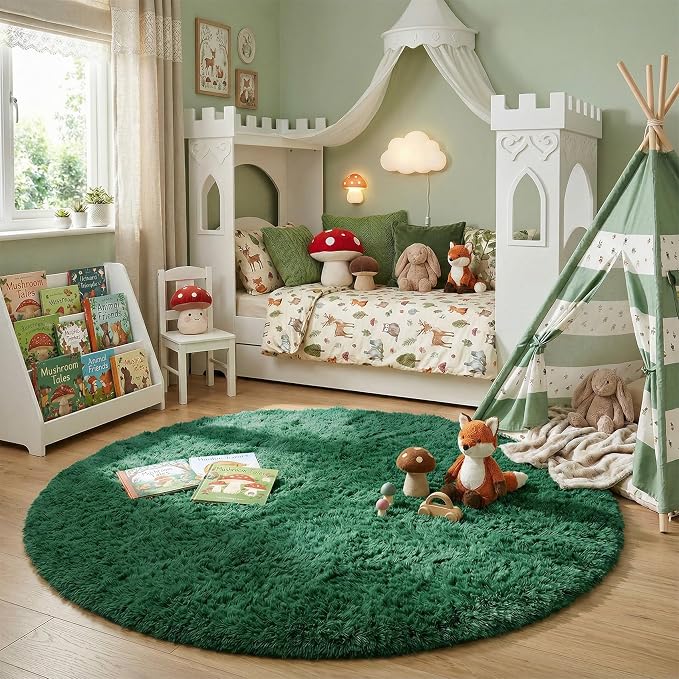 Amdrebio Dark Green Round Rug 6Ft for Living Room Bedroom, Fluffy Thick Floor Circle Area Rugs for Kids Room Decor, Furry Shag Rug for Baby Nursery, Teens Dorm, Fuzzy Plush Cool Emerald Green Carpet