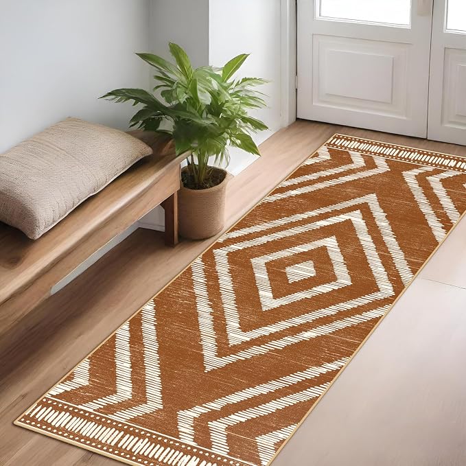 Boho Runner Rugs 2x6ft Non Slip, Brown Washable Rug with Rubber Backing, Soft Moroccan Farmhouse Kitchen Runner, Low Pile Geometric Floor Carpet for Hallway Bedroom Bathroom