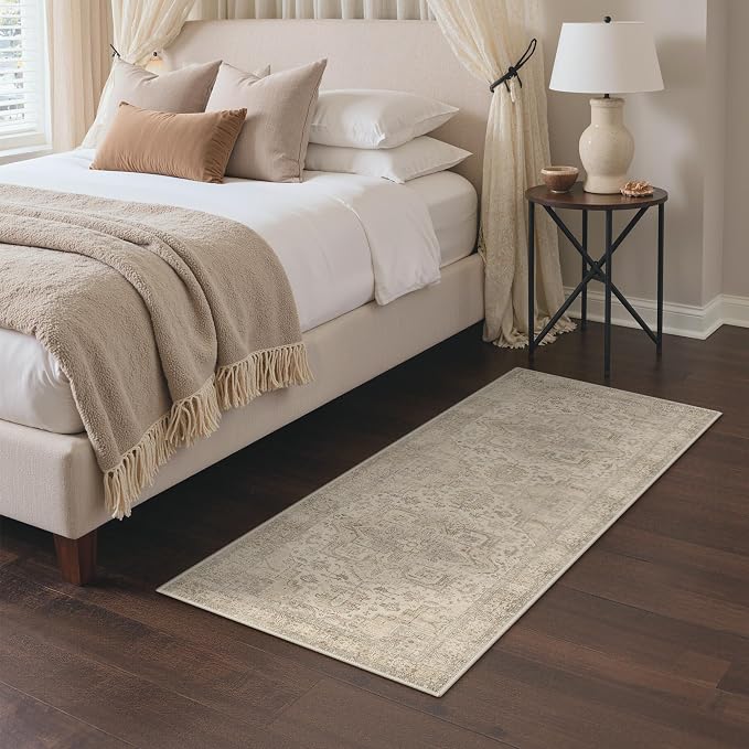 GENIMO 2x5 Washable Runner Rug Non Slip for Hallway, Beige Ivory | Vintage Floral Kitchen Runner, Stain Resistant, Low Pile and Lightweight for Entryway, Bedroom, Bathroom and Laundry Room