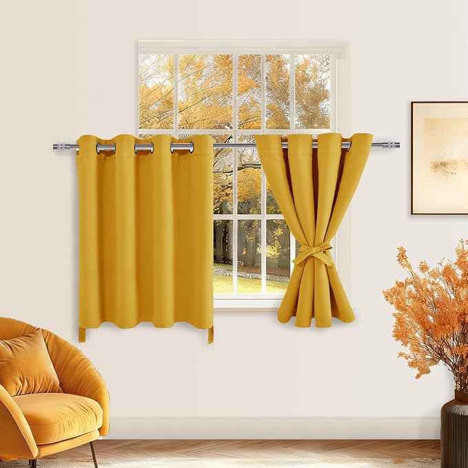 Hiasan RV Blackout Curtains for Bedroom, 52 x 30 Inches Long - Thermal Insulated & Light Blocking Window Curtains for Living Room, 2 Drape Panels Sewn with Tiebacks, Mustard Yellow