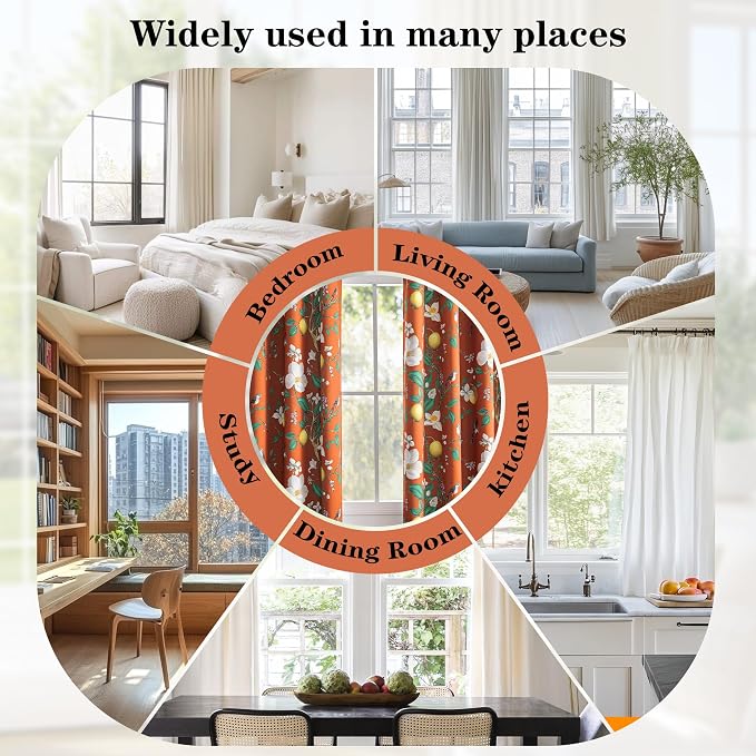 MYSKY HOME Floral Blackout Curtains Panels 95 inches Room Darkening Grommet Vintage Curtains & Drapes with Flower Lemon Hummingbird Patterned for Bedroom Nursery Kids Room, Pack-2, 52", Burnt Orange