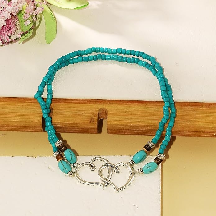 Elastic Beaded Ankle Bracelets for Women Double Heart Layered Stretch Ankle Bracelets Waterproof Dainty Boho Beaded Anklets for Summer Beach Foot Jewelry