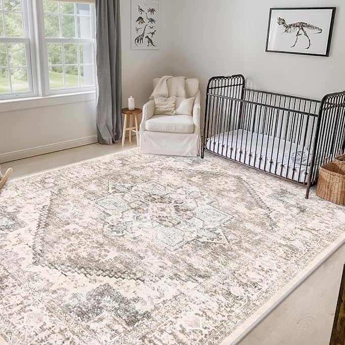 LIVEBOX 8X10 Area Rugs for Living Room, Washable Beige Neutral Boho Rugs Large Soft Non-Slip Rug, Low-Pile Vintage Medallion Rug, Retro Faux Wool Indoor Carpet for Dining Room Bedroom Office
