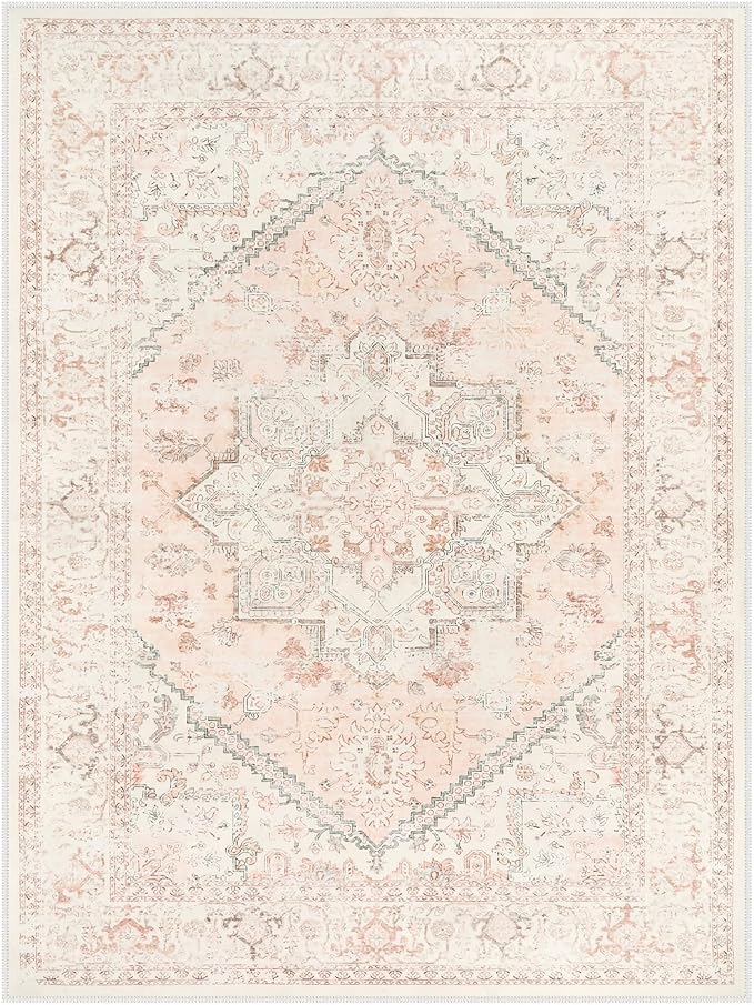 LIVEBOX Washable 9x12 Area Rug, Large Rugs for Living Room Boho Soft Non-Slip Rugs, Pink Low-Pile Vintage Medallion Rug, Retro Non-Shedding Indoor Carpet for Dining Room Bedroom Office