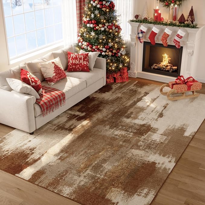 Kelarea Living Room Rug, 5x7 Rug Modern Abstract Washable Rugs Brown Foldable Faux Wool Vintage Carpets, Non Slip Rug for Bedroom, Dining Room, College Dorm, Kids Playroom, Home Office