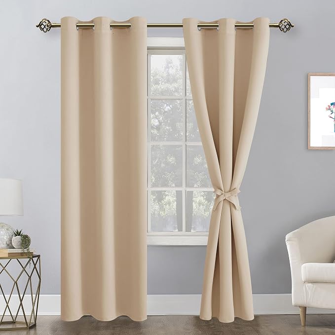 Hiasan Blackout Curtains for Bedroom, 38 x 84 Inches Long - Thermal Insulated & Energy Saving Window Curtains for Living Room, 2 Drape Panels Sewn with Tiebacks, Beige