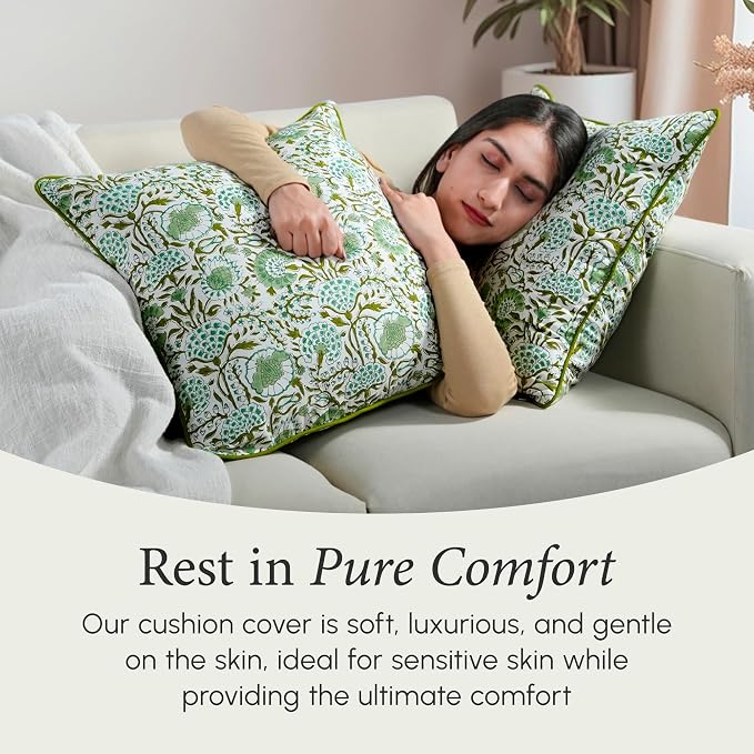 CPC 100% Cotton Throw Pillow Covers 24x24 Inch, Set of 2 Green Block Print Pattern Couch Pillow, Cute Boho Decorative Pillows for Living Room, Bedroom with Hidden Zipper- Agate Green