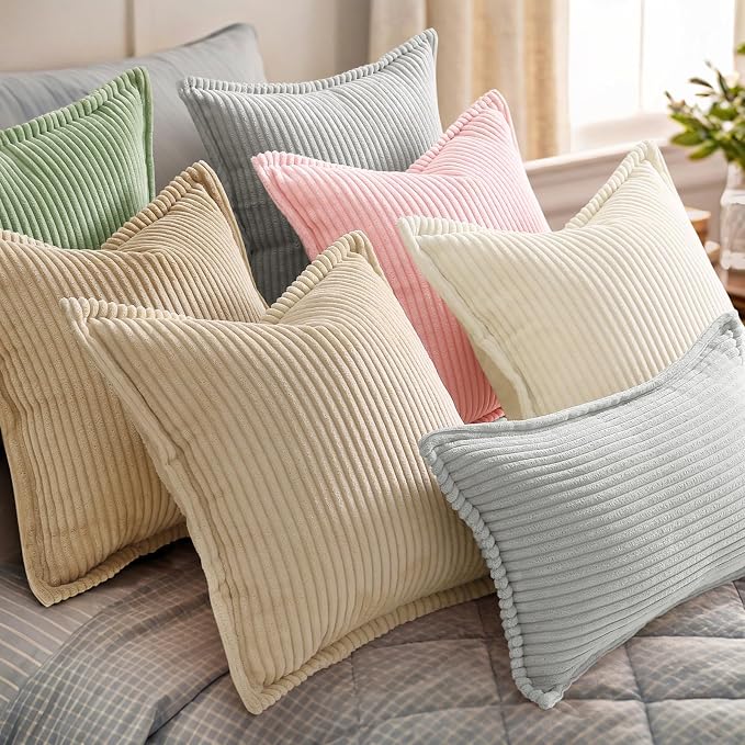 decorUhome Fall Corduroy Pink Throw Pillow Covers 22x22 Set of 2 | Euro Sham Couch Decorative Soft Modern Boho Farmhouse Pillow Covers Broadside Striped Pillow Cases for Living Room Bed Sofa