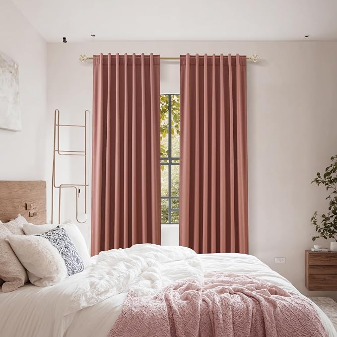 Dusty Rose 100% Blackout Linen Curtains 102 Inch Length 2 Panels Set for Girls Bedroom Back Tab Thermal Insulated Black Out Drapes Room Darkening Farmhouse Style for Bedroom Window Curtains 52x102