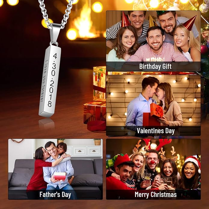 LanM Gifts for Dad Father's Day Gifts Personalized Mens Necklace Custom Name Necklaces for Men Bar Necklace for Women Engraved Initial Name Vertical Bar Necklace for Father