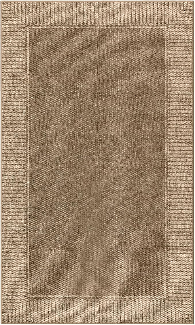 Moynesa Brown Striped Border Easy Jute Indoor Outdoor Entryway Rug 3x5, Washable Patio Rug Non Slip with Rubber Backing, Farmhouse Modern Carpet for Balcony Backyard Bedroom Living Room Dining Room