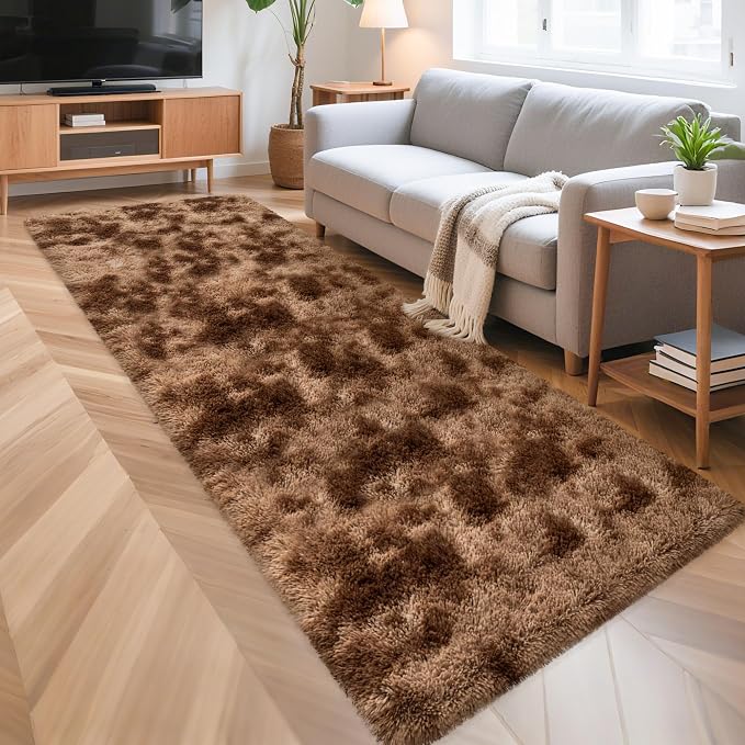 3x10 ft Plush High Pile Brown Tie Dyed Rug Fluffy Soft Runner Bedside Rug for Bedroom Living Room Hallway Nursery Kids Home Decor Shag Carpet