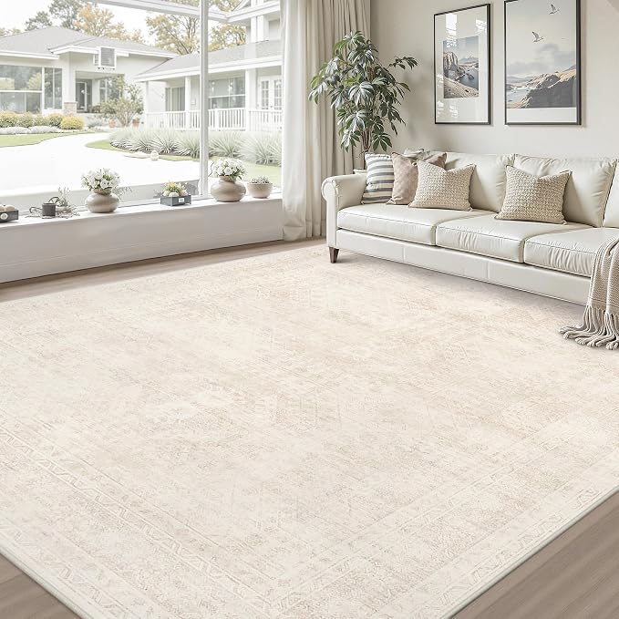 10x12 Area Rugs for Living Room: Vintage Boho Neutral Washable Rug Indoor Soft Large Area Rug Carpet for Bedroom Nursery Farmhouse Dining Room Office Floor Non-Slip Low Pile Under Table Rug Beige