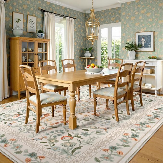 Lahome Floral Washable Area Rug 8x10, Large Vintage Non Slip Carpet for Living Room Bedroom, Low-Pile Soft Boho Rug for Dining Room Home Office, Machine Washable Home Decor, Beige