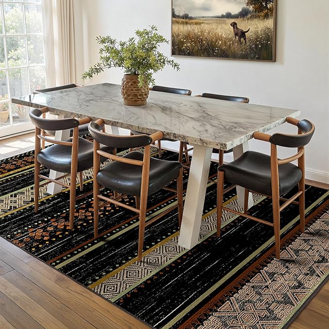 BESTSWEETIE 6x9 Area Rugs for Living Room Washable Moroccan Farmhouse Neutral Geometric Low Pile Non-Slip Soft Print Pattern Rug for Bedroom Kitchen Dining Room Entryway Black/Red/Brown/Cream/Yellow