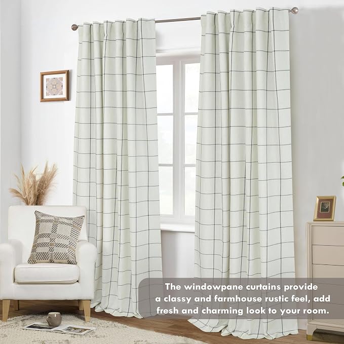 DriftAway 100% Blackout Plaid Linen Curtains 108 Inches Long 2 Panels Black | 100% Blackout, Linen Texture, Plaid Pattern, Two Layers, Rod Pocket & Back Tab, Bedroom Living Room Use, Luxury Appearance