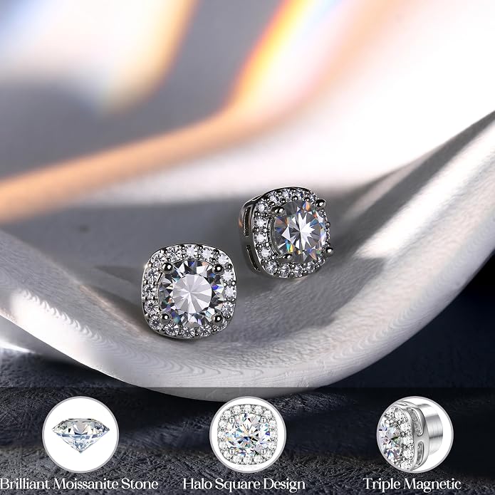 GEMQUEEN Moissanite Magnetic Earrings for Men : 18K White Gold Plated Hypoallergenic Stainless Steel Non Piercing Clip on Fake Earrings Studs Halo Round Square Diamonique Earring Women D Color VVS1