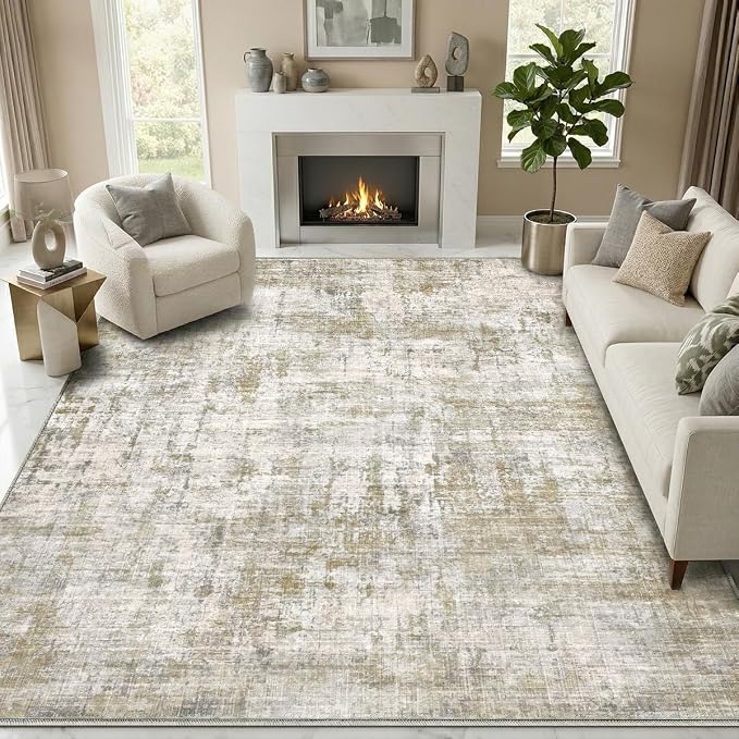 9x12 Area Rugs Washable Living Room Rug-No Slip Soft Carpets Modern Abstract Indoor Floor Stain Resistant Large Carpet for Bedroom Dining Room Farmhouse Nursery Home Office Tan