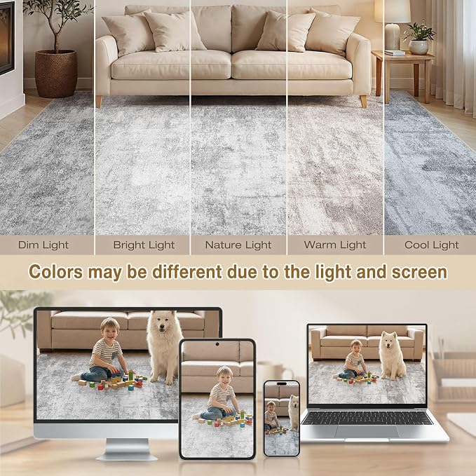 cotiled 3x5 Washable Rug Abstract Soft Non Slip Entryway Rugs | Stain Resistant, Robot Vacuum & Pet Friendly, Low-pile, For Living Room, Bedroom, Dining Table, Nursery Grey